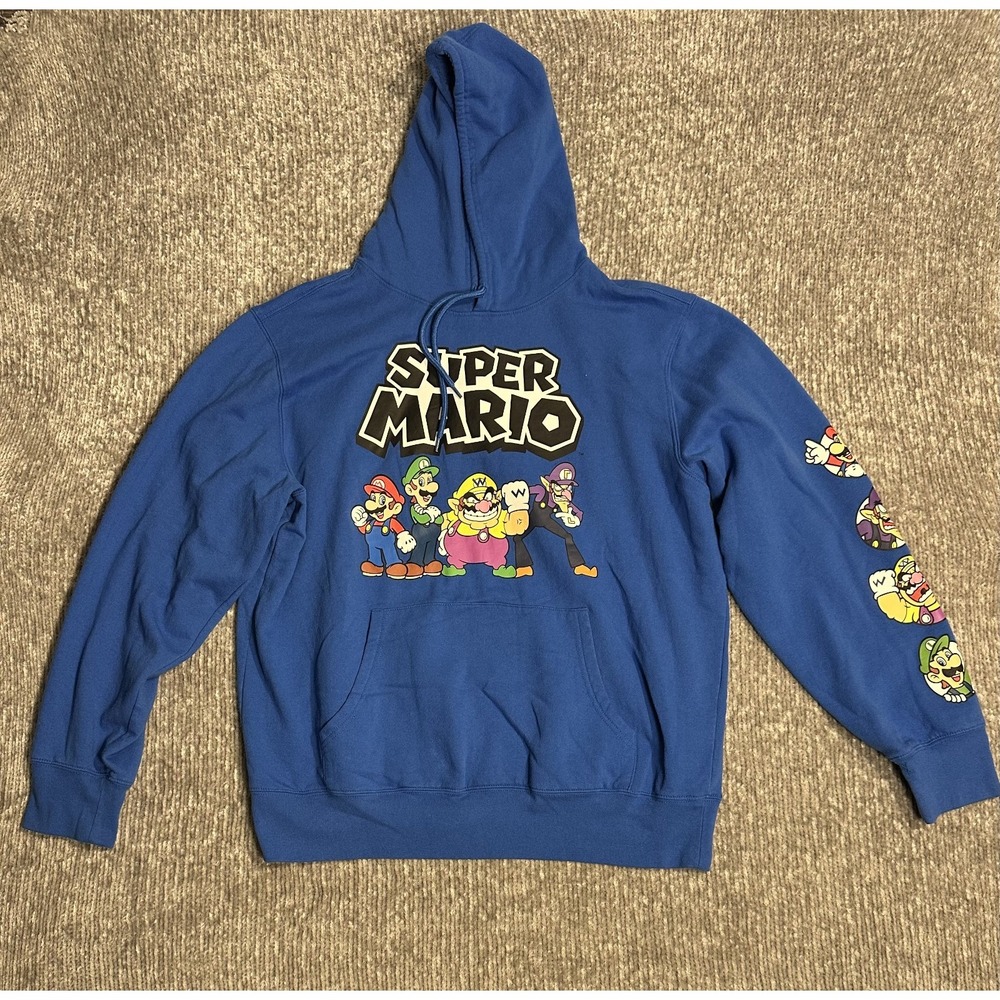 Super Mario Bros Hoodie Sweatshirt Large Blue Video Game Graphic Print Pullover